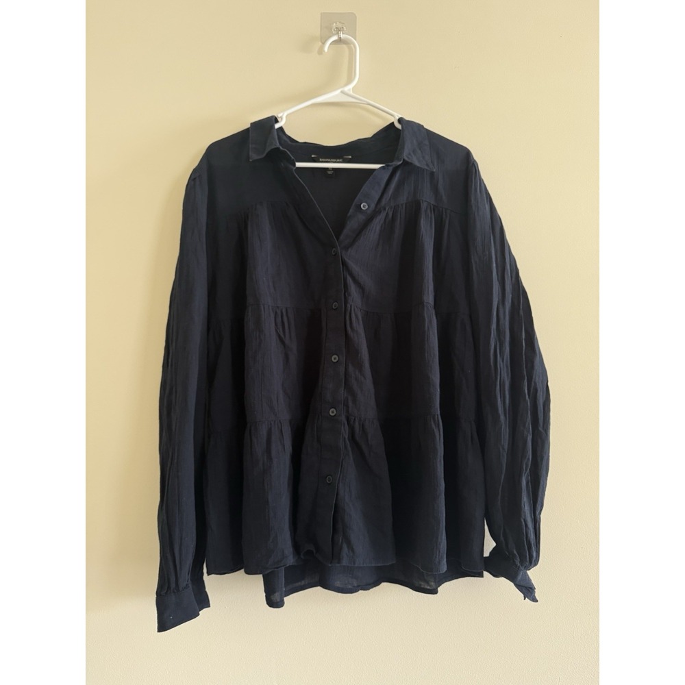 Banana Republic Black Tiered Crinkle Blouse Button Down Peasant Shirt L/XL
